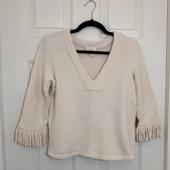 By Anthropologie Sweaters - Deletta Cream Textured Fringe Sleeve V Neck Sweater Top Women's Size S